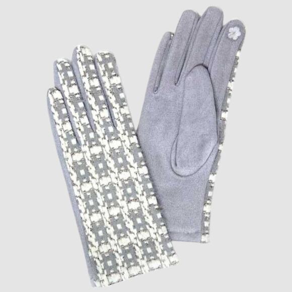 Women's Touch Screen Winter Gloves Striped Houndstooth Boucle & Faux Suede Grey - Picture 1 of 8